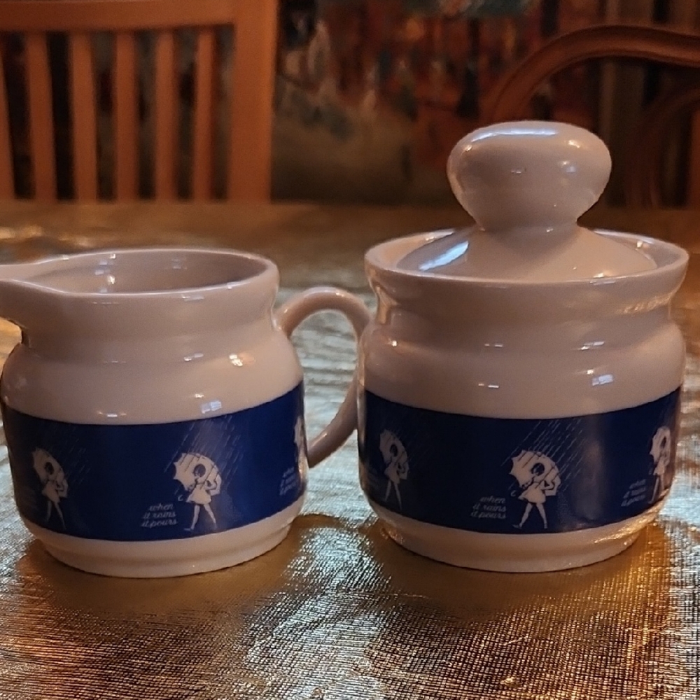 When It Rains It Pours A  Feelings Of Y? Collectible Blue Creamer and Sugar Set